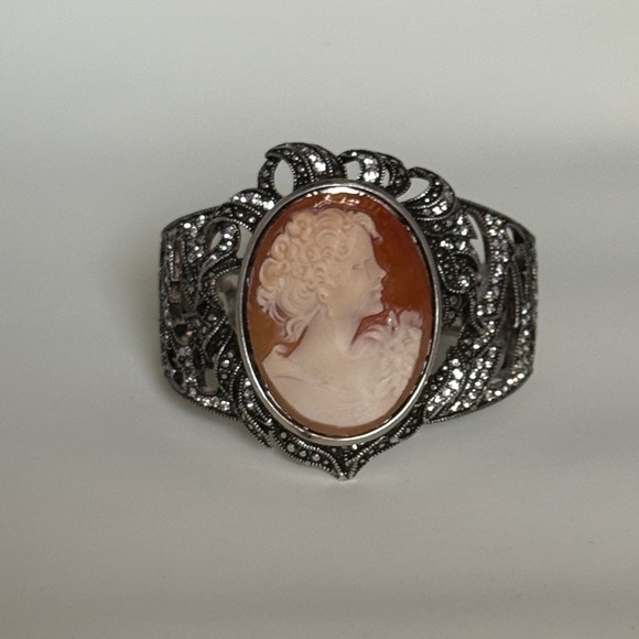 Amedeo Jewelry - Vintage Shell Cameo and Marcasite Cuff Bracelet by Amedeo